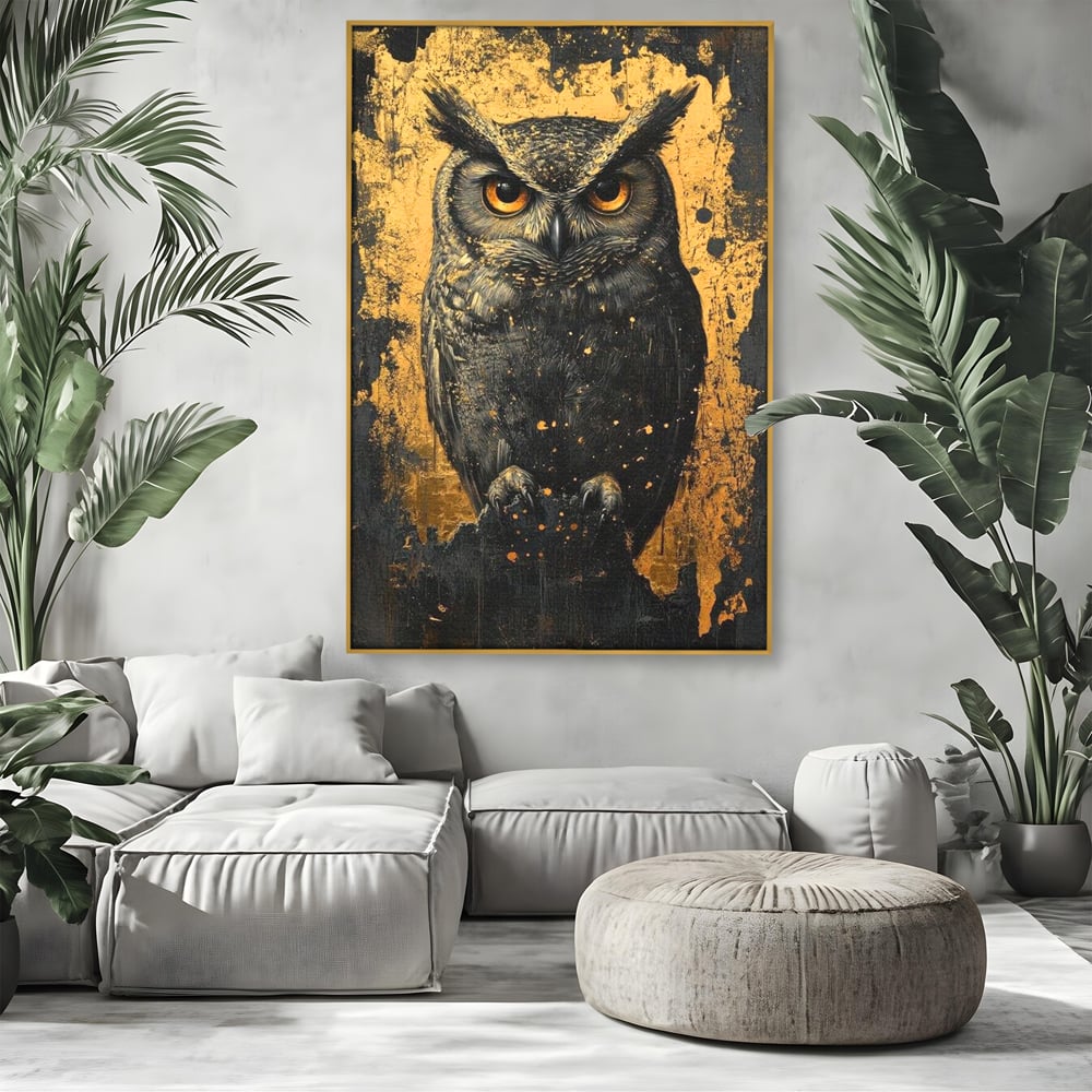 Tablou canvas cu tablou canvas cu bufnita neagra si fundal auriu, in rama de aluminiu auriu, pe perete intr-un living